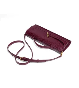 Wine red crocodile pattern baguette shoulder bag, premium texture, elegant daily design.