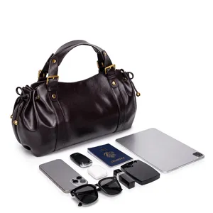 Vintage soft leather pleated tote bag for women, large capacity stylish shoulder handbag.