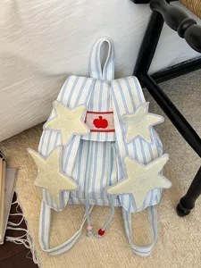 Cute Rabbit Ear Canvas Backpack Casual Striped School Bag Large Capacity Commuter Backpack With Plush Star Decor
