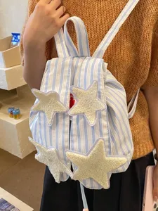 Blue and white striped canvas backpack for women cute bunny ear school bag with star patches.