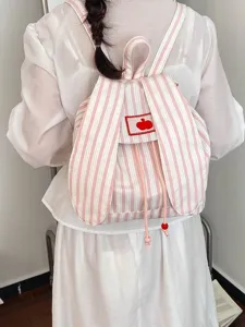 Niche design soft girl bunny ears backpack women cute striped schoolbag large capacity commuter