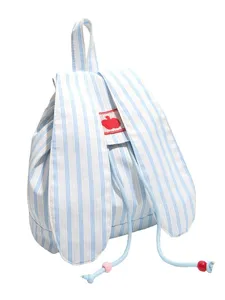 Blue and white striped backpack with cute rabbit ears and red patch, casual commuter student schoolbag.