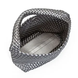 Silver handwoven leather handbag soft intrecciato tote bag large capacity casual shoulder bag