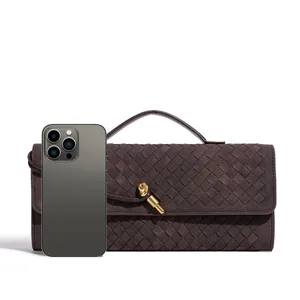 Brown woven leather shoulder bag with stylish metal knot clasp for women daily fashion wear.