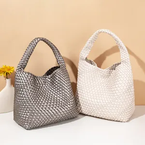 Elegant woven hobo shoulder bag, soft large capacity handbag detail view, stylish design.