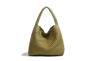 Olive green woven leather shoulder bag, large capacity soft hobo tote for women daily use.