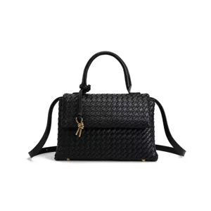 Zwarte geweven lederen handtas met gedetailleerd ontwerp, elegante retro tas voor dames.