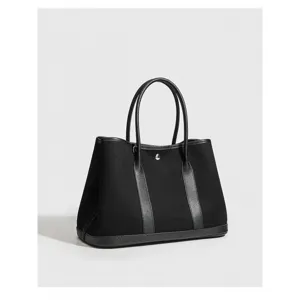 Schwarze Canvas Leder Tote Tasche grosse Kapazitaet freizeits Handtasche schicke Schultertasche