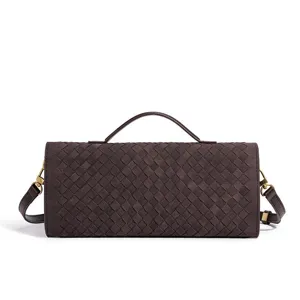 Dark brown woven leather shoulder bag chic retro baguette handbag for women daily commute style.