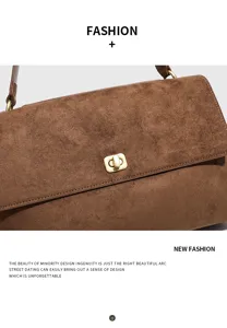 Retro brown suede shoulder bag for women, elegant commuter underarm bag with metal lock.