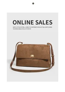 Retro brown suede shoulder bag for women, large capacity commuting handbag with metal twist lock.