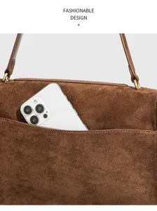 Vintage brown suede shoulder bag, retro commuter tote with front pocket and metal hardware
