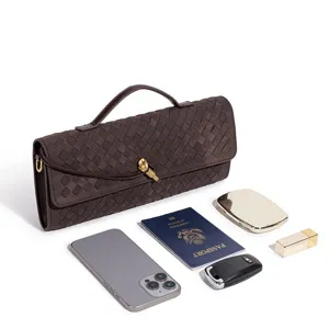 Brown woven leather clutch bag vintage baguette handbag stylish women shoulder bag