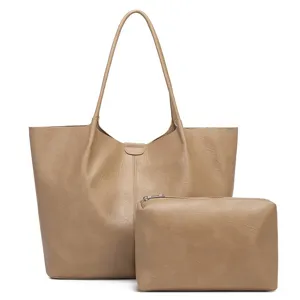 Dames retro oliewas lederen shopper schoudertas met bijpassende etui tas khaki