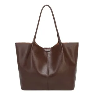 Vintage oliewas lederen shopper voor vrouwen, klassieke bruine schoudertas voor dagelijks.