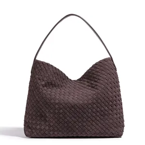 Brown suede woven shoulder underarm handbag detail view, premium everyday craftsmanship.