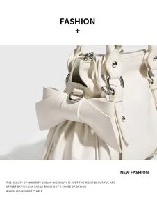 White bow handbag stylish leather shoulder bag cute retro commuter bag for daily fashion wear