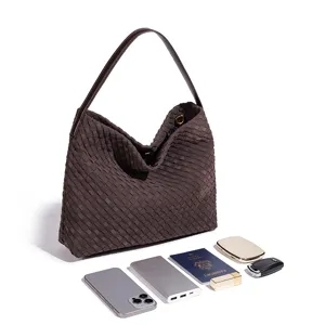 Brown woven leather shoulder bag women large capacity hobo handbag stylish casual daily purse