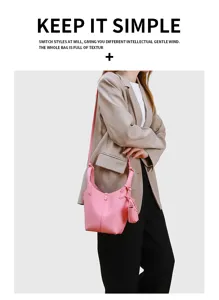 Rosa minimalistische Eimertasche Detailansicht, elegante Handtasche fur Damen Alltag.