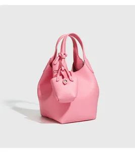 Minimalistische rosa Eimer Handtasche, elegante Leder Tragetasche mit Mini Beutel fuer Alltag.