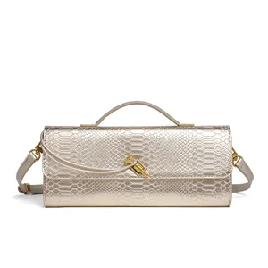 Metallic snakeskin pattern women evening handbag stylish shoulder crossbody baguette bag