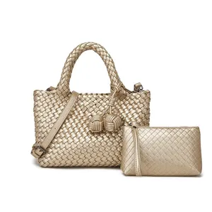 Gold woven leather handbag set with crossbody strap and matching clutch pouch for women stylish