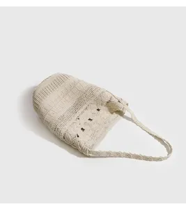 Bolso de hombro de ganchillo hecho a mano, bolso retro beige, bolso casual diario para mujeres.