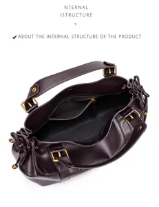 Soft leather pleated women handbag retro commuter tote bag interior view with zipper pocket details.
