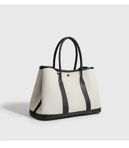Leinwand Tragetasche mit schwarzem Leder, grosse Kapazitaet Freizeit Handtasche Damen.
