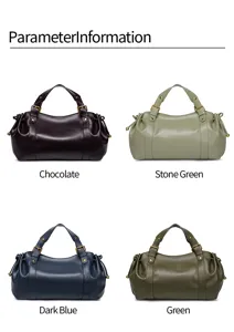 Detail view of four-color retro soft leather pleated handbag, daily commuter tote and shoulder bag.