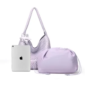 Lightweight large capacity purple woven shoulder bag with pouch and star charm for women.