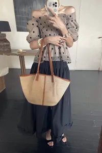 Grote capaciteit rafia geweven tote tas voor vrouwen, stijlvolle leren schouder strandtas.