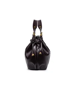 Close-up of soft leather pleated handbag detail, elegant dark brown tone with gold hardware.