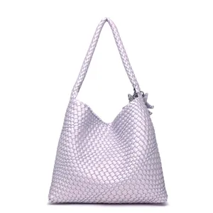 Detail view of the elegant light purple woven leather shoulder bag, showcasing fine craftsmanship.