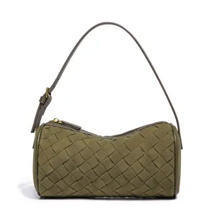 Olijfgroene suède geweven schoudertas, trendy retro handtas met ritssluiting voor dames.