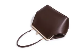 Detailansicht der dunkelbraunen Kussverschluss-Handtasche, edles Leder mit goldenem Rahmen.