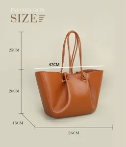 Brown leather pleated tote bag detail view, large capacity shoulder handbag for commuting.