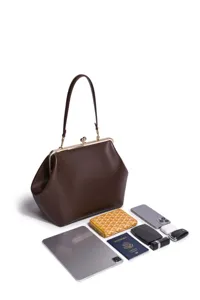 Mittelgroße braune Leder Kussverschluss Handtasche Vintage Henkeltasche Umhängetasche.
