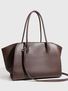 Grote minimalistische bruine lederen shopper tas, elegante handtas voor dagelijks woon-werkverkeer.