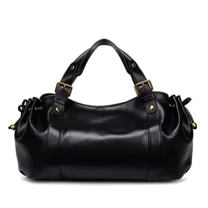 Black soft leather handbag for women, spacious retro commuting tote and stylish shoulder bag.