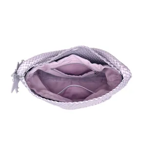 Interior detail view of a stylish light purple woven hobo shoulder handbag for women.