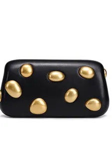 Chic black leather underarm shoulder bag featuring elegant gold stone decorations.