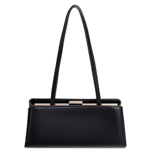 Elegante schwarze strukturierte Umhängetasche Vintage Baguette Tasche mit Metallverschluss.