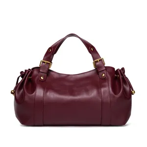 Wine red soft leather shoulder handbag for women, vintage casual tote bag with metal buckles.