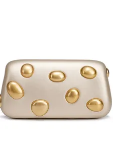 Chic metallic shoulder bag with gold pebble studs, trendy designer crossbody bag for women