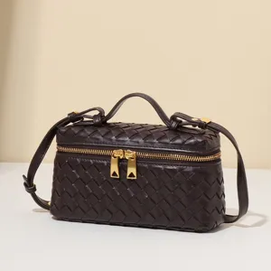Elegante geflochtene Leder Kosmetiktasche dunkelbraune Damen Umhängetasche Box Handtasche