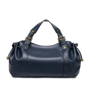 Navy blue soft leather tote handbag for women, vintage commuter shoulder bag with pleats.