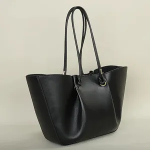 Black PU leather tote bag, elegant pleated design with long slim shoulder straps for daily.