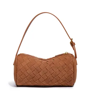 Bruine Suede Geweven Handtas Stijlvolle Retro Cilinder Tas Casual Schoudertas Voor Dames