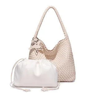Beige woven hobo shoulder bag with trendy star charm and matching pouch for women daily use